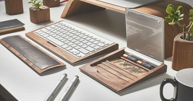 Písací stôl pre klávesnicu a touchpad od Apple policový stôl, drevený javor, príslušenstvo k touchpadu, klávesnica, dizajn jablka