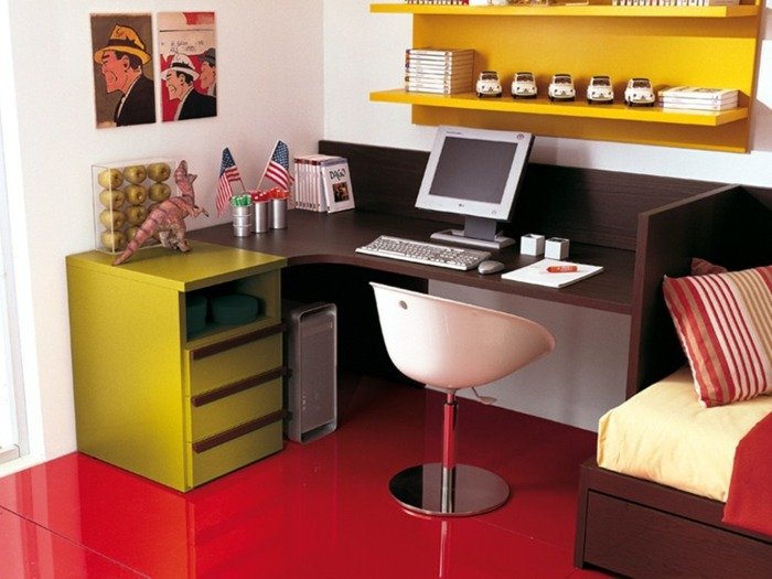 Detské červené podlahové nástenné police žltej farby