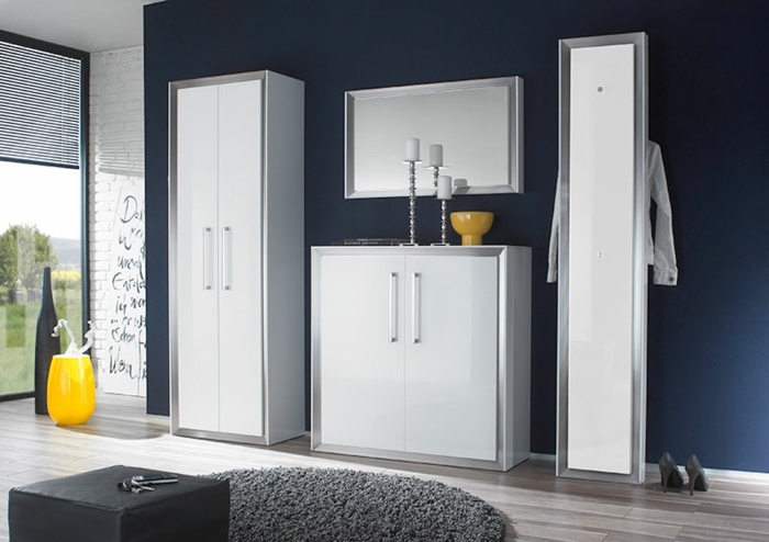 Chodbový nábytok v bielej farbe s povrchovou úpravou vo vysokom lesku Skrinka na topánky biela nábytok s vysokým leskom zrkadlová skrinka na topánky