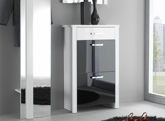 Moderný predsieňový nábytok v čiernej a bielej farbe Skrinka na topánky biela predná strana čierne zrkadlo