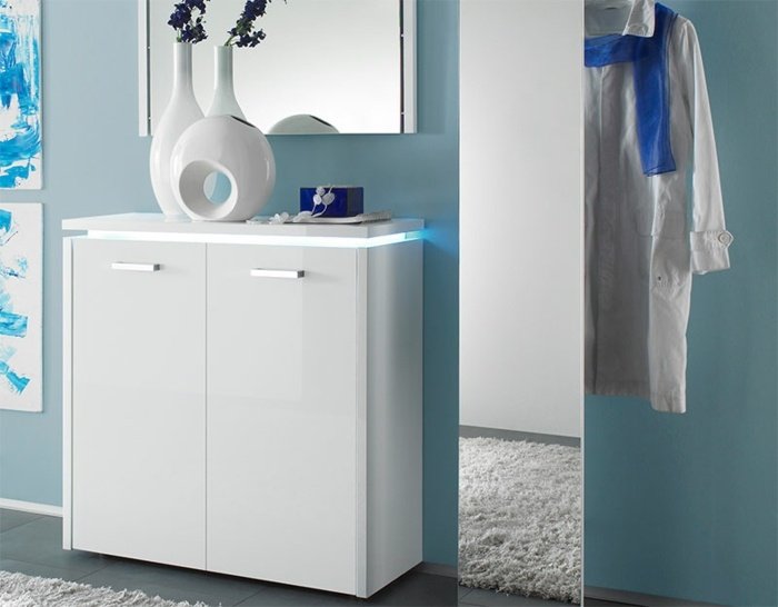 Biela skrinka na topánky s integrovaným LED osvetlením Skrinka na topánky biela vysoký lesk chodba nápady nápady dizajnový nábytok