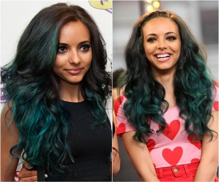 čierne vlasy s teal zeleným melírom Balazage Jade Thirlwall Little Mix