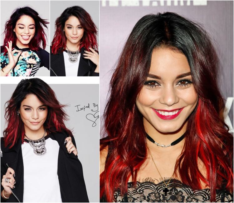 Čierne vlasy s červenými odleskami balayage Vanessa Hudgens