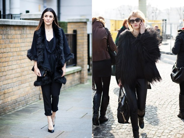 Čierny kabát z umelej kožušiny cez 3/4 nohavice Čierne outfity-zostavené-faux-kožušina-kabát