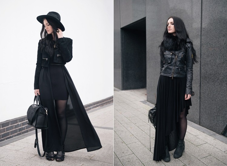 Krátka čierna kožená bunda na jar Čierne outfity-skladanie dlhých sukní-každodenná práca