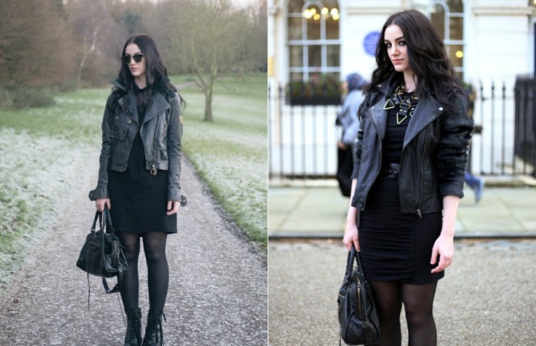 Skombinujte krátku koženú bundu s krátkymi šatami Čierne outfity-zostavené-kožená bunda-krátke šaty