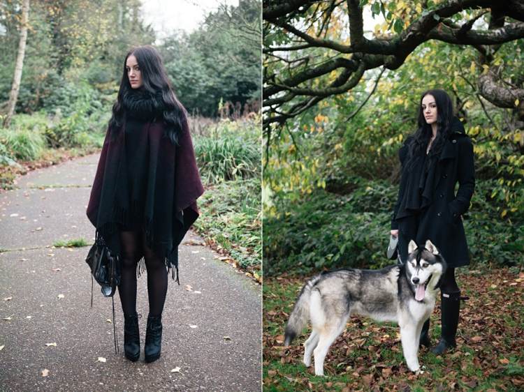 Skombinujte pončo červenej a čiernej farby s čiernymi džínsami Čierne outfity-Dajte dohromady-Pončo-Kabát