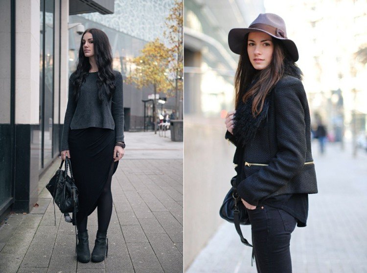 Spojenie čiernych outfitov - sivá blúzka Čierne outfity-šedá-blúzka-asymetrická sukňa