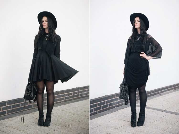 Krátke čierne šaty s dlhým rukávom Čierne outfity-Dajte dohromady večerné šaty-klobúk