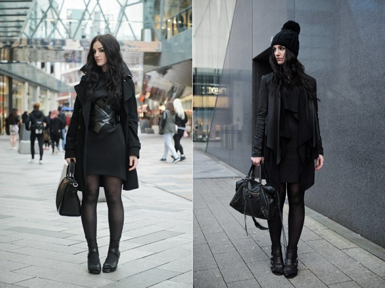 Oblečte si krátke šaty s kabátom po kolená Čierne oblečenie-zostavené-na každodenné použitie-jar