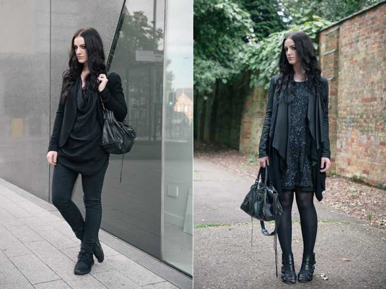 Skombinujte rifle, blúzku a sako v čiernej farbe Čierne outfity-zostavené-jar-vodopád-blúzka