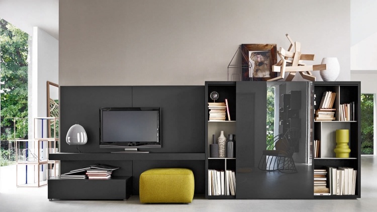 čierna nástenná jednotka s vysokým leskom a matnými prvkami čierna obývacia stena-vysoký lesk-matný-molteni-c