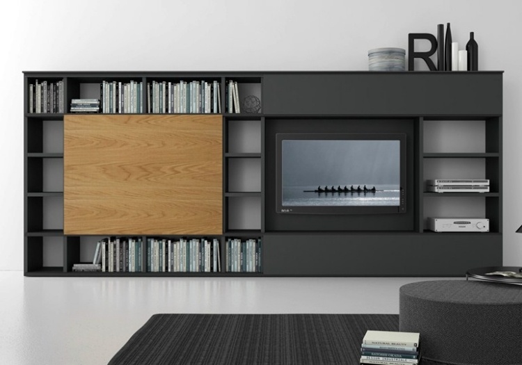 matne lakovaná čierna nástenná jednotka s dreveným panelom Comp 313 od spoločnosti Presotto čierna-obývacia stena-matná-lakovaná-COMP-313-Presotto-Industrie-Mobili