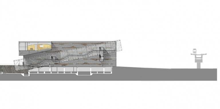 Bočný pohľad na múzeum s pohľadom na cestu dole