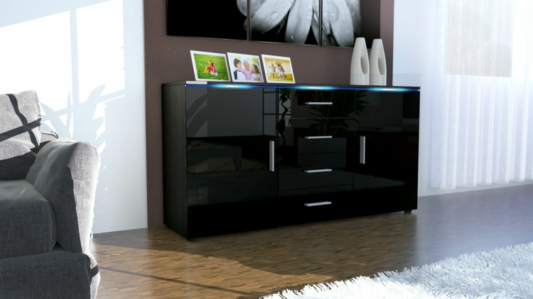 Moderný príborník s LED osvetlením čierne nápady na osvetlenie obývačky s LED príchytkami z nerezovej ocele