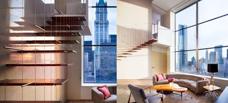 plávajúce drevené schody s plávajúce schody-stena-vysoký lesk-nehrdzavejúca oceľ-kábel-outlook-newyork