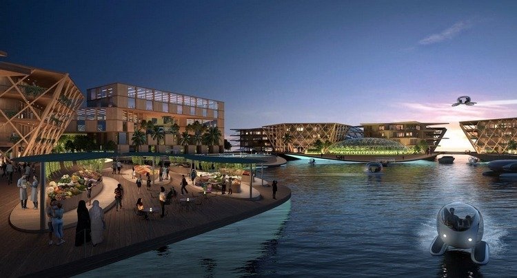 pohľad s večernými svetlami na projekt plávajúceho mesta s modernými budovami a dopravnými prostriedkami