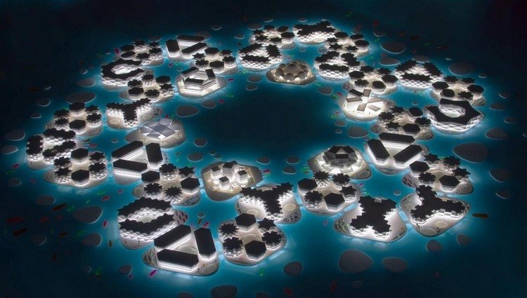 3D pohľad na projekt oceanix city od veľkej spoločnosti s osvetlením