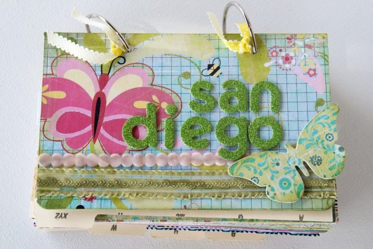 Na navrhovanie zápisníka je vhodný akýkoľvek nápad Brožúra s nápadmi na scrapbooking drotár-motýle-dovolenka-téma-san-diego-ring