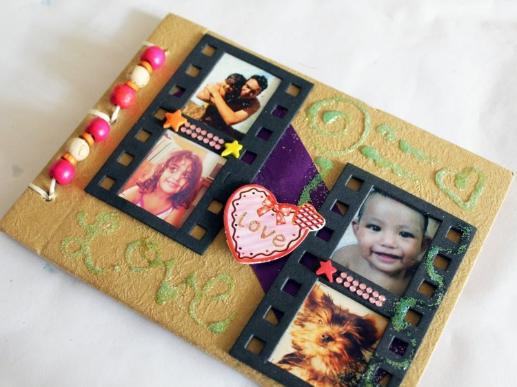 Nápad vyrobený z korálikov, lepidla, trblietok a fotografií Scrapbooking-nápady-priatelia-nápady na darčeky pre deti-titulná-strana-korálkové-obrázky