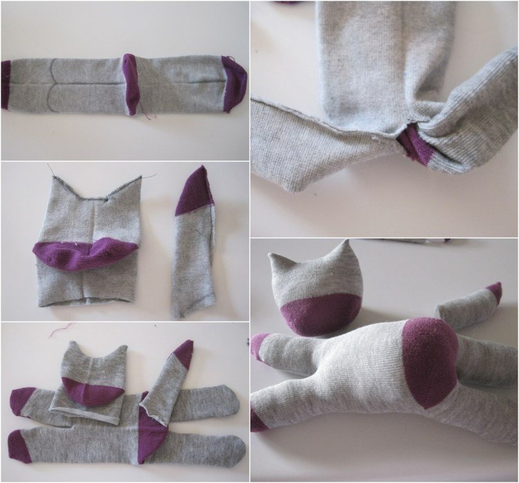 Mačička šije ponožky plyšovú hračku sama