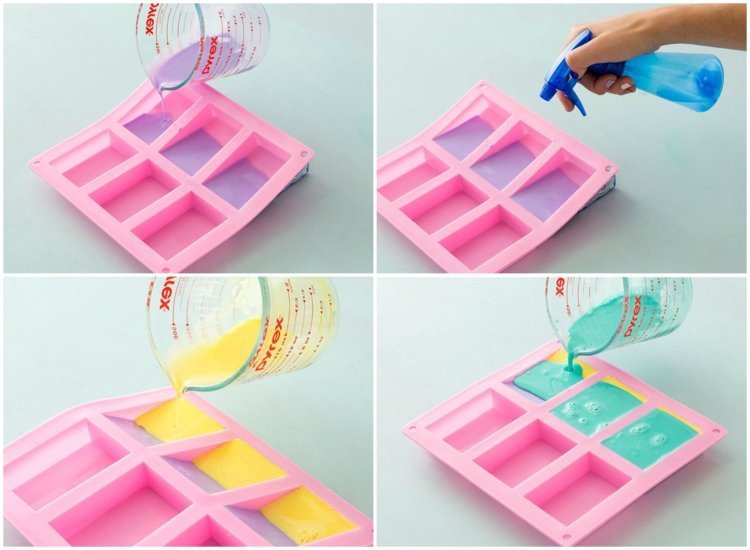 Vyrobte si vlastné farebné mydlo zaujímavou technikou Vyrobte si vlastné mydlo zafarbené-žlto-purpurovo-zelené-nalejte