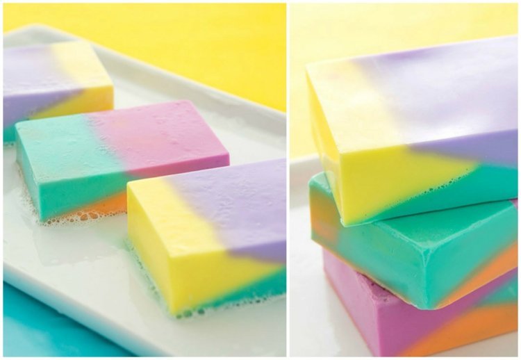 Vytvorte si vlastné farebné kombinácie Vyrobte si vlastné mydlo zafarbené-zeleno-žlto-oranžovo-purpurovo-ružové