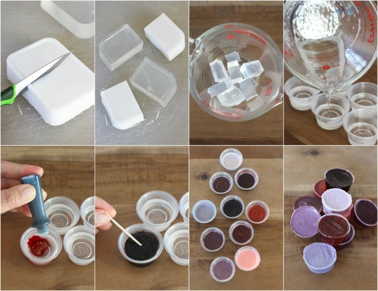 Malé hrnce farebného mydla musia stvrdnúť Mydlo-vyrobte si-glycerín-drahokam-mydlo-purpurovo-červeno-biele