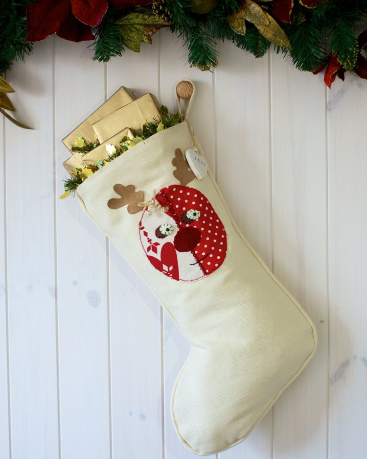 Ušite ponožku ako ozdobný motív - sob nikolausstiefel ozdobiť šitím sobov červené biele parohy nápad darčeky