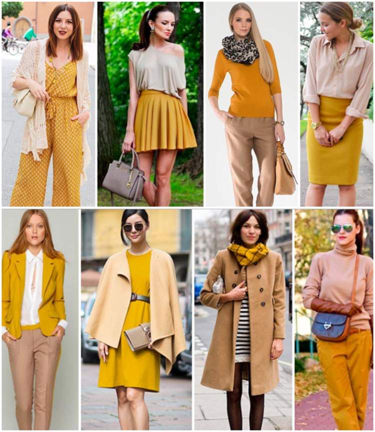 Horčičná žltá a béžová kombinujú módne oblečenie