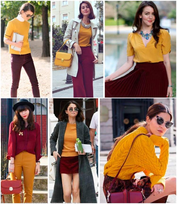 Horčicová žltá s vínovo červenou kombinujú jesenný outfit