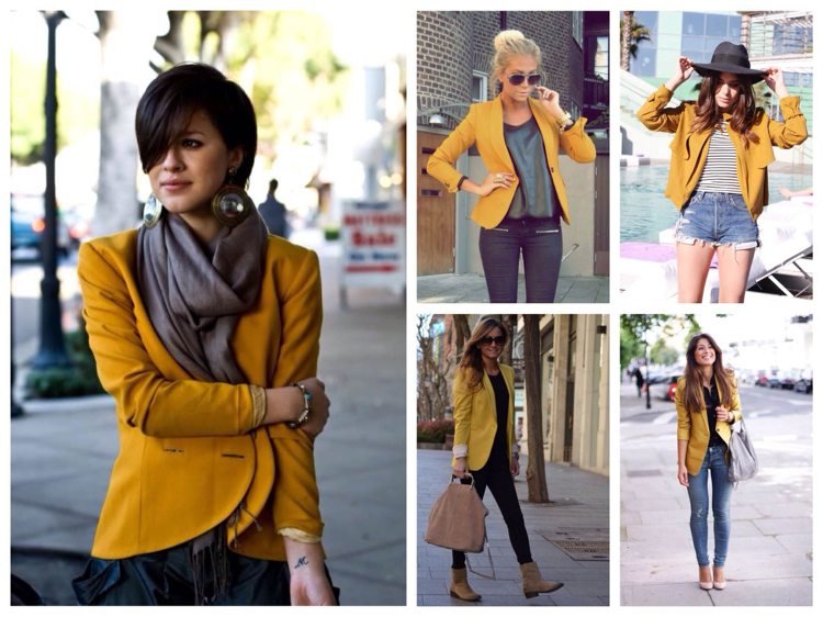 Horčicovo žlté blejzre kombinujú rifle s čiernymi úzkymi nohavicami