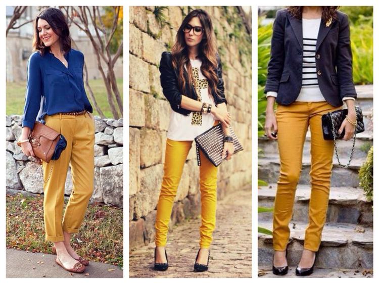 Kombinujte horčicovožlté nohavice s modrou košeľou alebo čiernobielym vrchom