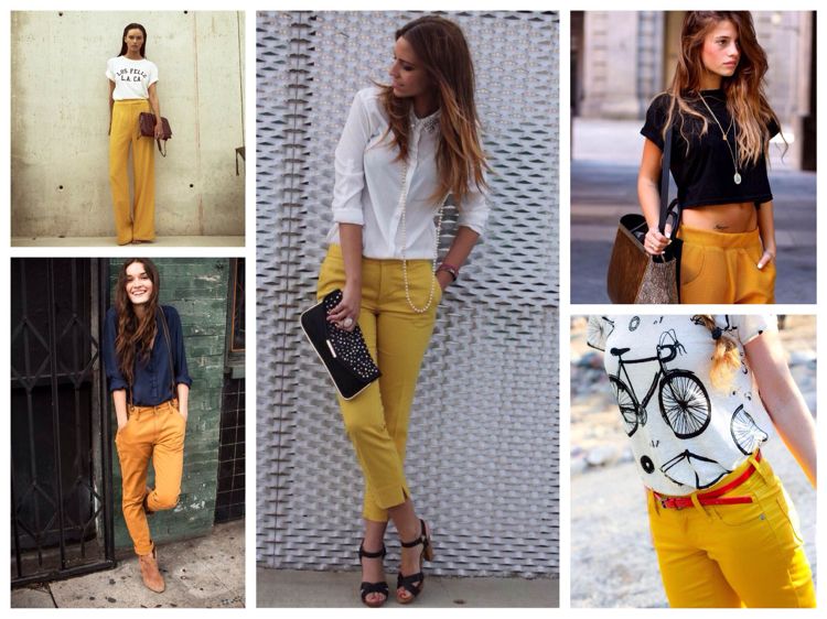 Horčicovožlté nohavice kombinujú tričkové tričko s bielou čiernou alebo vzorovanou potlačou