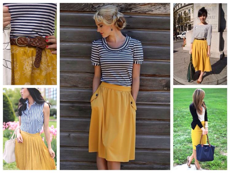 Horčicovo žltá horná sukňa po kolená pruhovaná čierno-biela