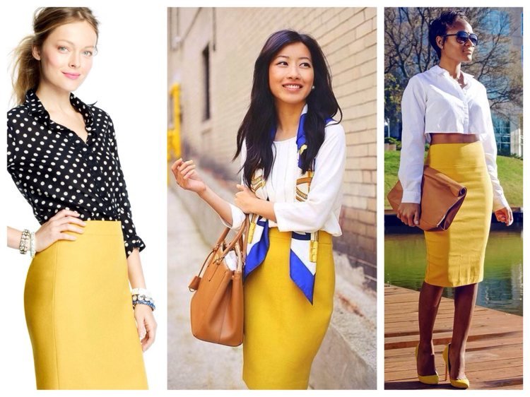 horčicovo žltá sukňa na ceruzke, biela blúzka, kombinovať