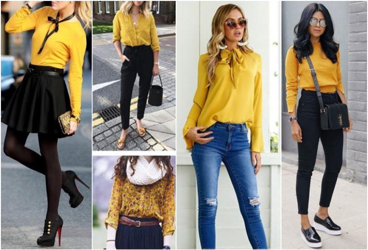 Skombinujte horčicovú blúzku s džínsami alebo sukňou v čiernej alebo modrej farbe