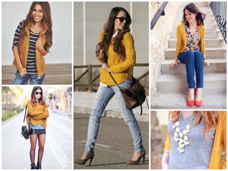 žltý sveter vrstvená vesta vesty sivé rifle