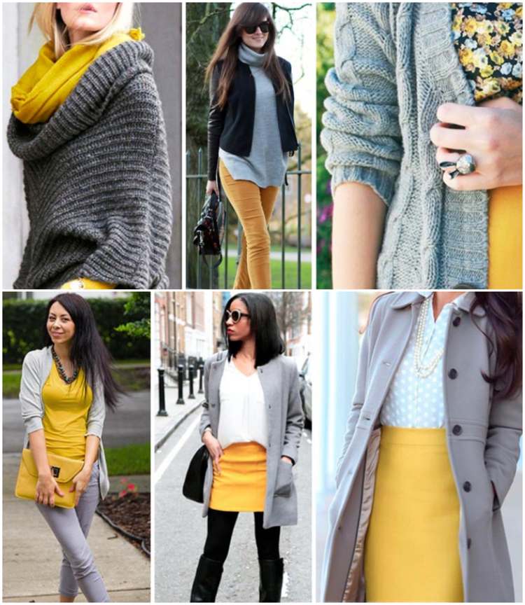 Horčicovožltý a svetlo šedý outfit jesenná zima