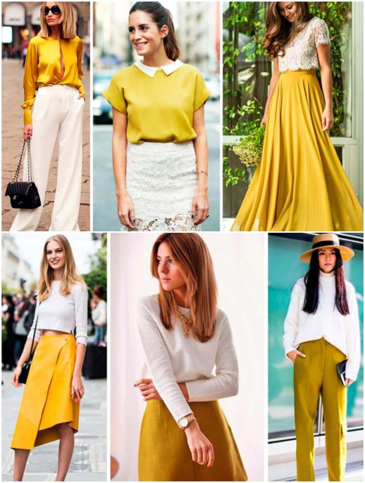 Horčičná žltá a biela kombinujú odevnú módu