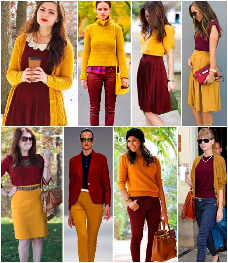 Horčicovožltý a tmavočervený jesenný outfit