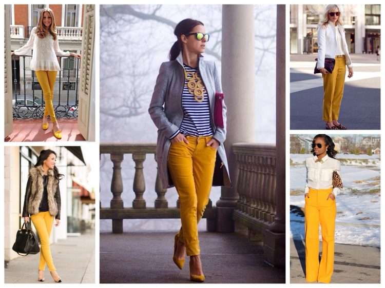 horčicovo žlté nohavice kombinujú jesennú bielu čiernu sivú