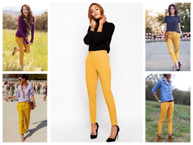 Horčicovo žlté nohavice kombinujú denimovú sveterovú košeľu do kancelárie