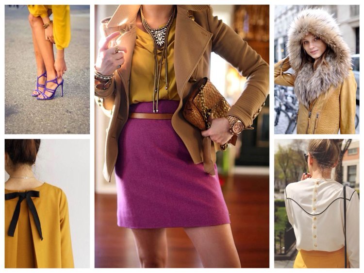 Horčičná žltá v kombinácii s fialovým orgovánom a hnedou