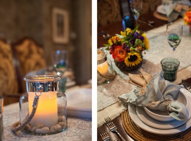 Letné dekorácie stolíka lampáše riečne kamene čerstvé kvety