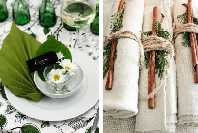 rustikálne motúzové obrúsky prstene vždyzelené vetvy stromov kvety sedmokrásky