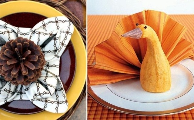 nápaditá-stolná dekorácia-na-jeseň-vejár-tvar-kvetov-šišky-dekorácia