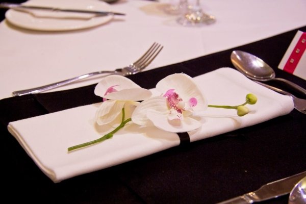 jemná orchidea so saténovou stuhou na skladanom obrúsku biela tkanina-servitte-s-orchideou-vetva