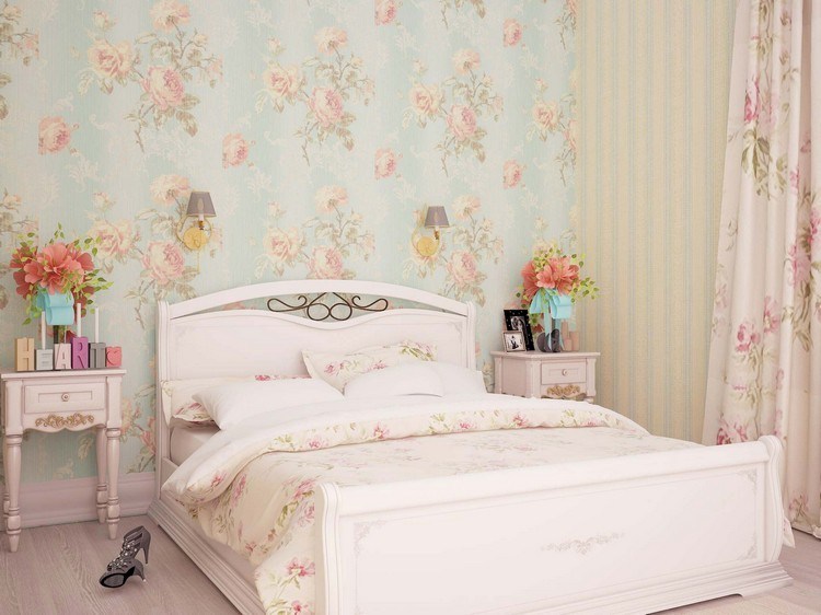 ošarpaný-šik-nábytok-spálňa-biela-drevená-posteľ-ružová-tapety