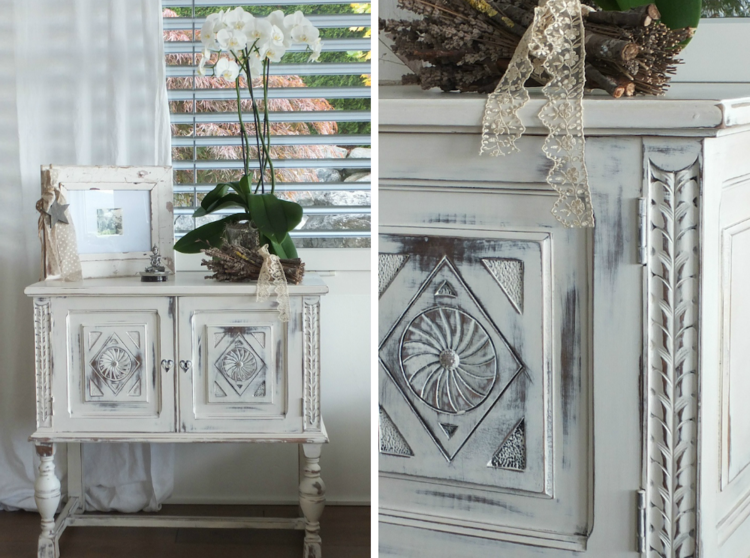 Vyrobte si shabby chic sami - komodu s ozdobami Vyrobte si ošarpaný šik sami biela-malá-komoda-nosené-ozdoby-orchidea